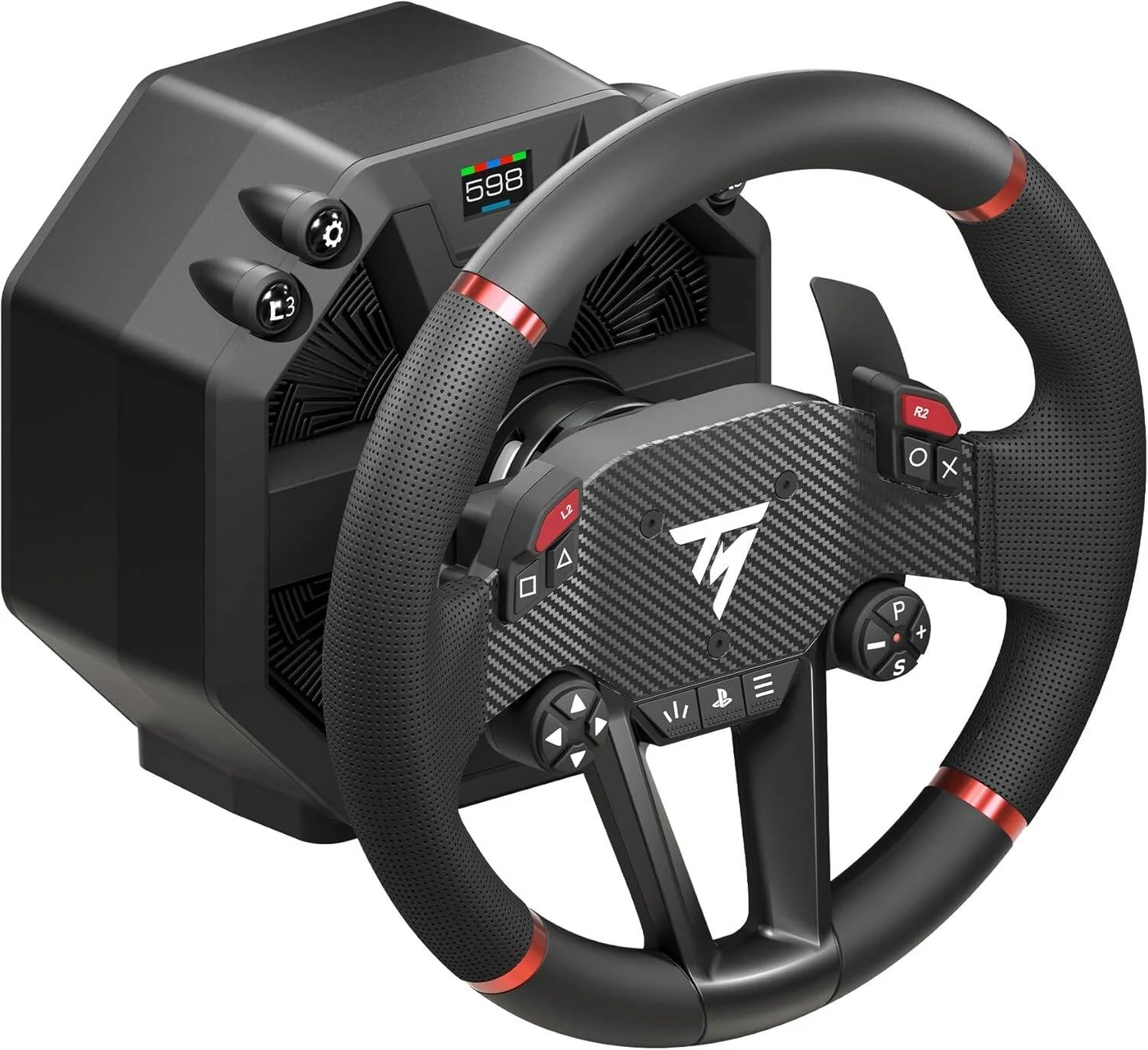 فرمان مسابقه Thrustmaster T598، 5nm + Overshoot، موتور Direct Axial Drive، رینگ فرمان اسپرت قابل جدا شدن، مجموعه پدال فلزی، فناوری HARMONY، صفحه نمایش Race Dash، برای PC، PS5 و PS4، مشکی | TM-WHL-T598