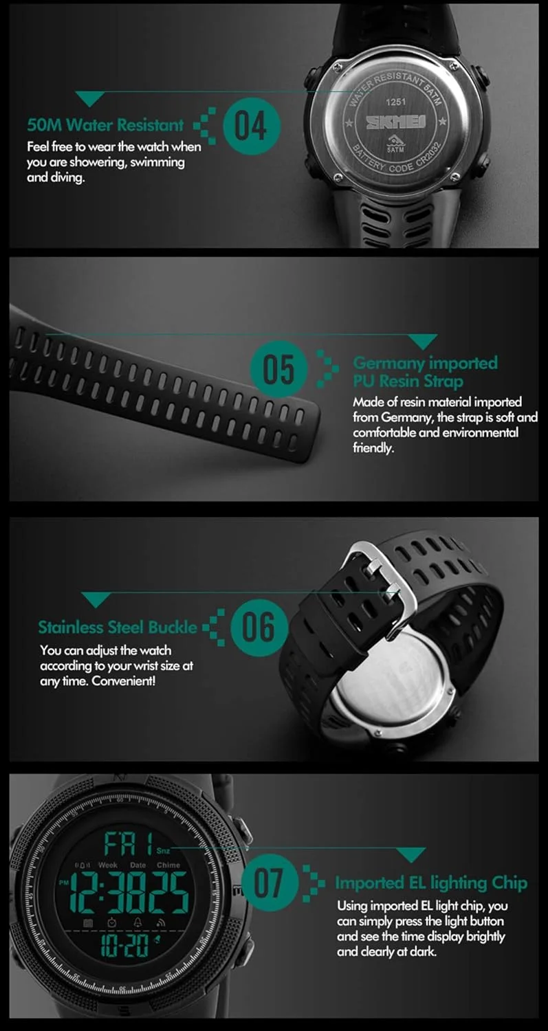 ساعت مچی مردانه اسپرت با قابلیت شمارش معکوس، زمان دوگانه، آلارم، کرنوگراف، دیجیتال، ضد آب تا عمق 50 متر ساعت مچی مردانه اسپرت با قابلیت شمارش معکوس، زمان دوگانه، آلارم، کرنوگراف، دیجیتال، ضد آب تا عمق 50 متر
