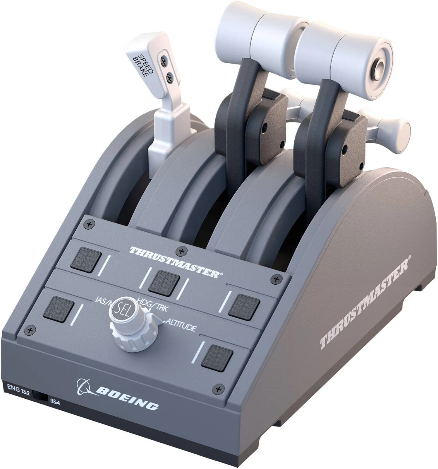 اهرم گاز تراست مستر TCA نسخه بوئینگ، 3 محور با اهرم های قابل تعویض، اهرم های گاز دوگانه، قابلیت خلبان خودکار، 17 دکمه فیزیکی، اتصال و اجرا، خاکستری | TM-JSTK-TCA-QUAD-BOEING