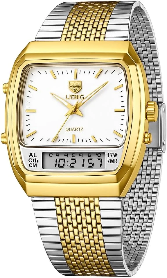 ساعت مردانه LIEBIG مدل Retro - نمایشگر دوگانه کوارتز آنالوگ و دیجیتال، بند استیل دو رنگ، آلارم، کرنوگراف، ضد آب ساعت مردانه LIEBIG مدل Retro - نمایشگر دوگانه کوارتز آنالوگ و دیجیتال، بند استیل دو رنگ، آلارم، کرنوگراف، ضد آب
