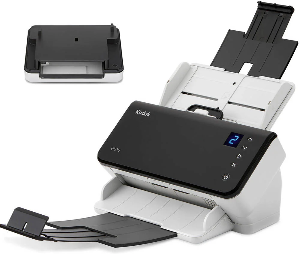 اسکنر Kodak Alaris E1030 به همراه فلت بد اسکن پاسپورت، 30 صفحه در دقیقه یک رو و 60 تصویر در دقیقه دورو، فیدر 80 صفحه ای، رزولوشن 600 DPI، عمق رنگ 24/8 بیتی، سفید/مشکی