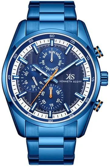 Kenneth Scott Men's Epson VX9N Movement Watch, Analog Display and Stainless Steel Strap - K24117-NBNN, Blue