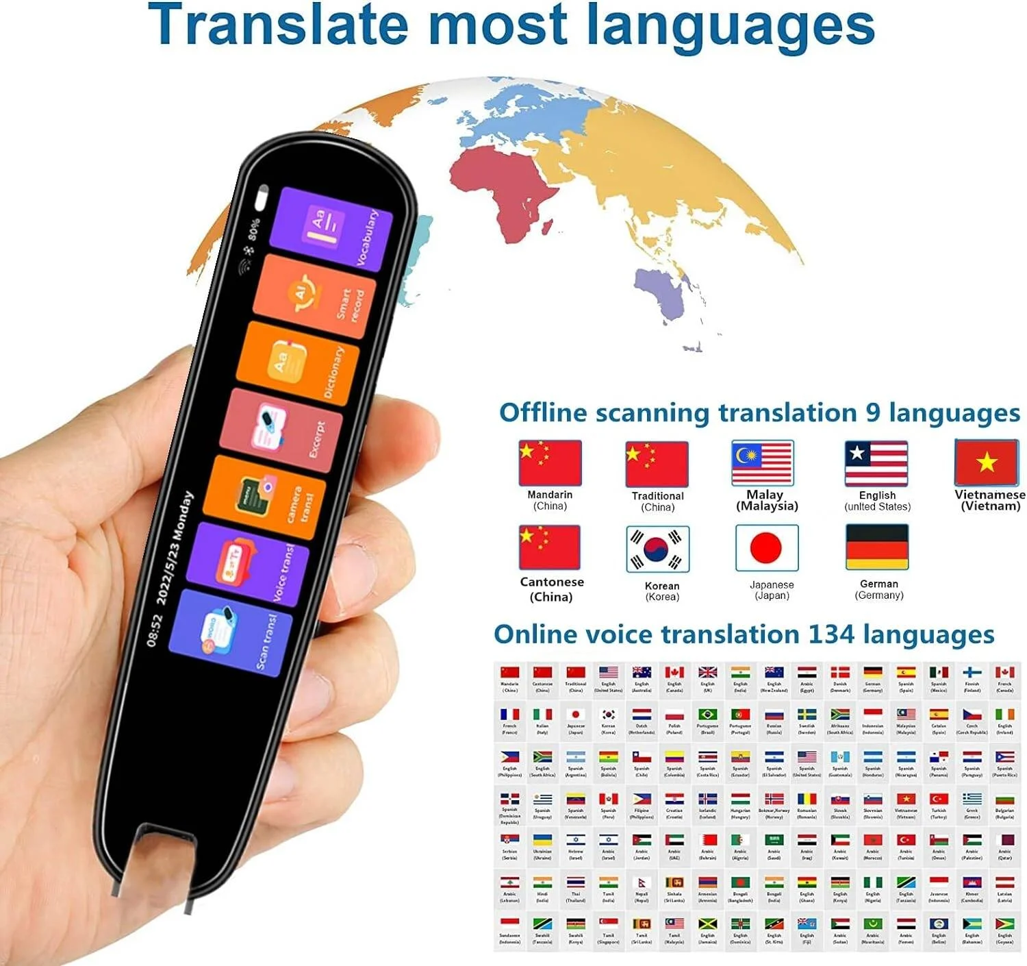 قلم مترجم اسکن متن به گفتار، پشتیبانی از 134 زبان، قلم OCR، دستگاه ترجمه عکس، متن و صدا، قلم خواندن برای نارساخوانی (سفید) قلم مترجم اسکن متن به گفتار، پشتیبانی از 134 زبان، قلم OCR، دستگاه ترجمه عکس، متن و صدا، قلم خواندن برای نارساخوانی (سفید)