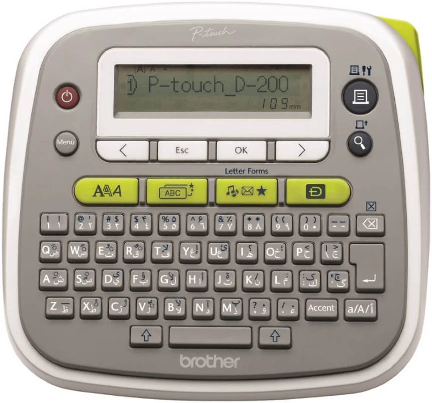 چاپگر لیبل حرارتی Brother PT-D200، تا 12 میلی متر، سرعت چاپ 20 میلی متر بر ثانیه، 180 dpi، صفحه نمایش گرافیکی، صفحه کلید QWERTY انگلیسی، عربی، فارسی، مناسب برای خانه و دفاتر کوچک | PTD200AR