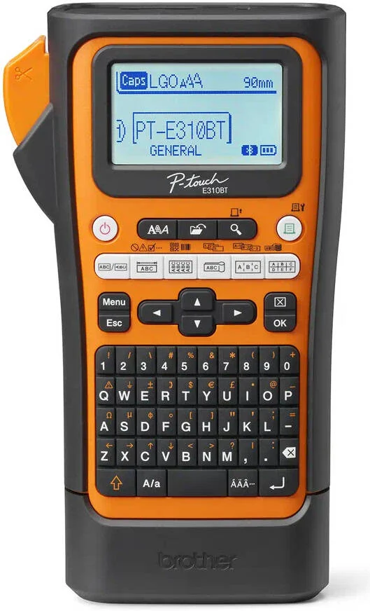 دستگاه لیبل زن حرفه ای قابل حمل برادر مدل PT-E310BTVP، رزولوشن 180 DPI، سرعت چاپ تا 20mm/Sec، برشگر صنعتی، چاپ تا عرض 18mm، صفحه کلید QWERTY، مشکی/نارنجی | PT-E310BTVP
