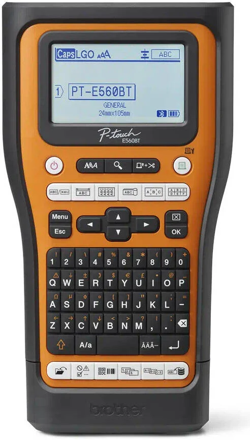 دستگاه لیبل زن حرفه ای قابل حمل برادر مدل PT-E560BTVP، رزولوشن 180 DPI، چاپ تا عرض 24 میلی متر، سرعت چاپ تا 30 میلی متر در ثانیه، برش اتوماتیک (کامل و نیمه)، صفحه کلید QWERTY، مشکی/نارنجی | PT-E560BTVP