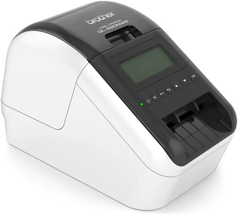 چاپگر حرارتی لیبل برادر مدل QL-820NWB، LCD گرافیکی 320x120 نقطه ای با نور پس زمینه، سرعت چاپ 176 میلی متر بر ثانیه، USB و اترنت سیمی، شبکه بی سیم، بلوتوث، خاموش شدن خودکار، سفید | QL-820NWB