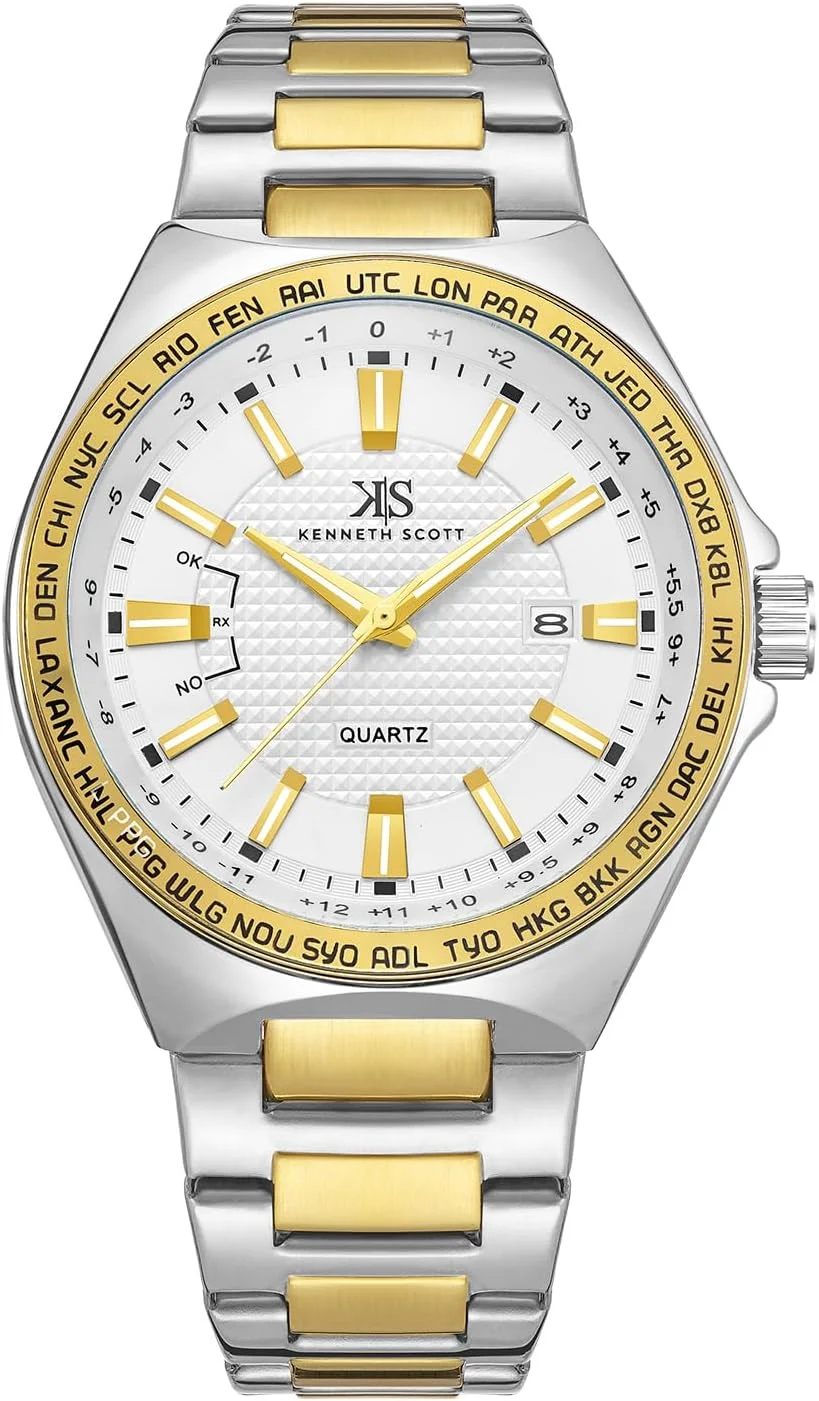 ساعت مچی مردانه آنالوگ کژوال کنت اسکات | صفحه سفید، بدنه و بند طلایی، 43 میلی‌متر-K23027-TBTW