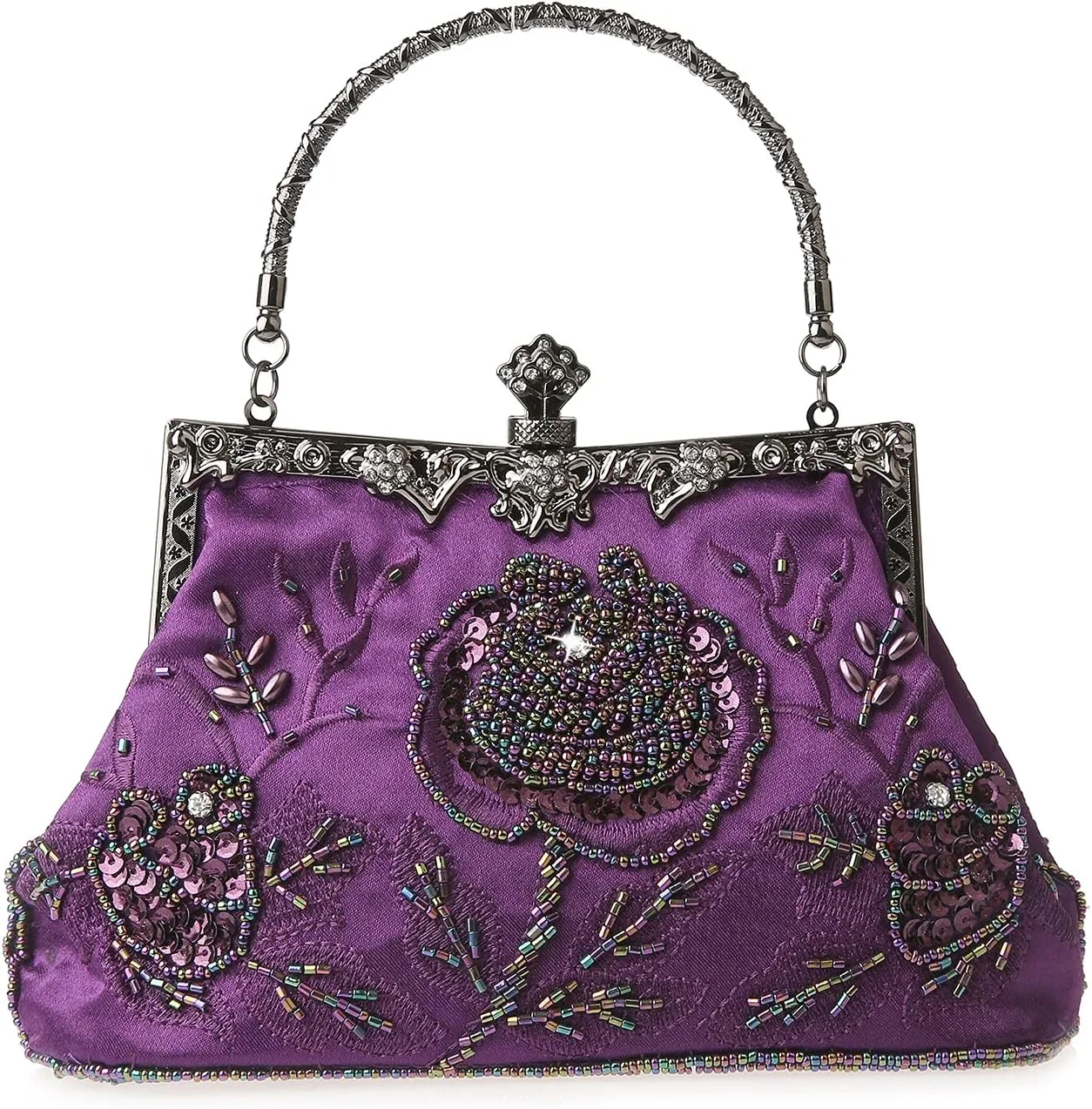 کیف دستی مجلسی زنانه با گلدوزی گلدار، مروارید، نگین و پولک مناسب عروسی، مهمانی و جشن