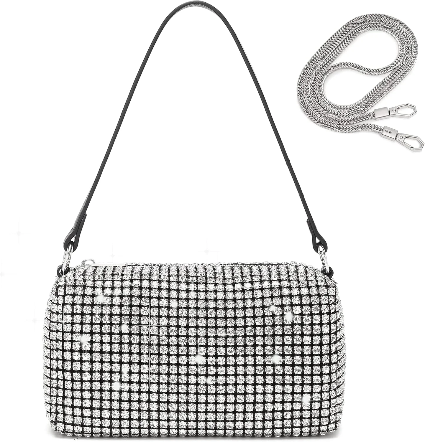 کیف مجلسی زنانه نگین دار، کیف نقره ای براق، کیف کلاچ مجلسی زنانه