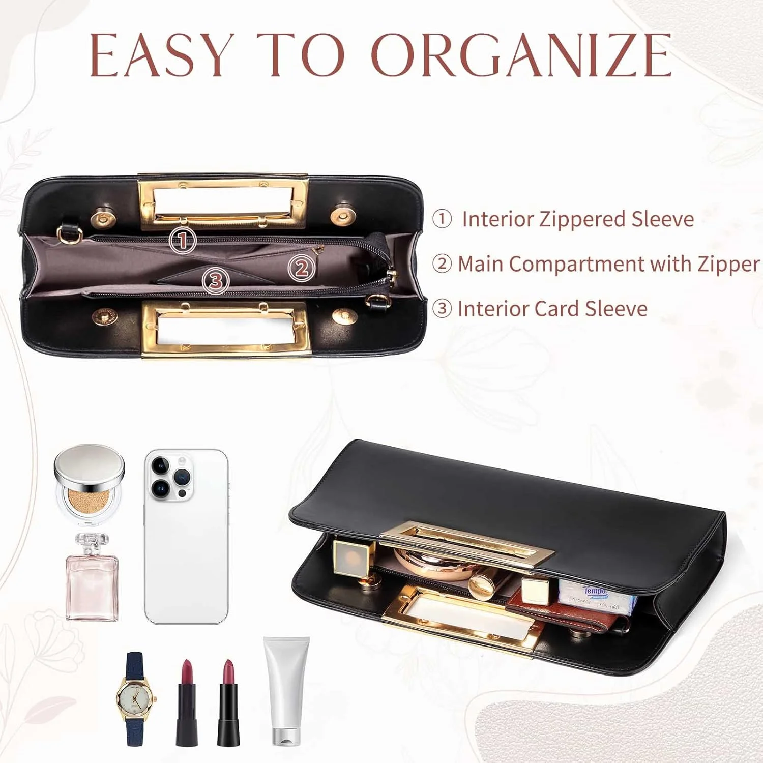 کیف دستی کلاچ زنانه، کیف دستی مجلسی چرم مصنوعی شیک VASCHY با دسته برش خورده، کیف کراس بادی برای عروسی و مهمانی