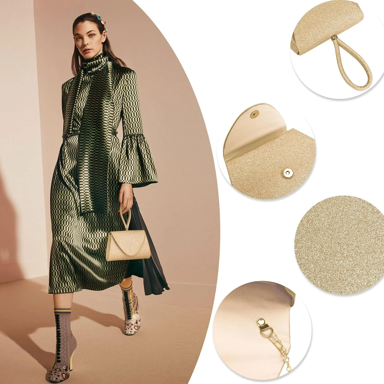 کیف دستی مجلسی زنانه، کیف پول نگین دار درخشان با دسته بالایی و زنجیر جداشدنی، کیف دوشی پاکتی پولک دار، کلاچ الماس مد روز برای عروسی، جشن، مهمانی، قرار ملاقات، 20x13.5x4 سانتی متر