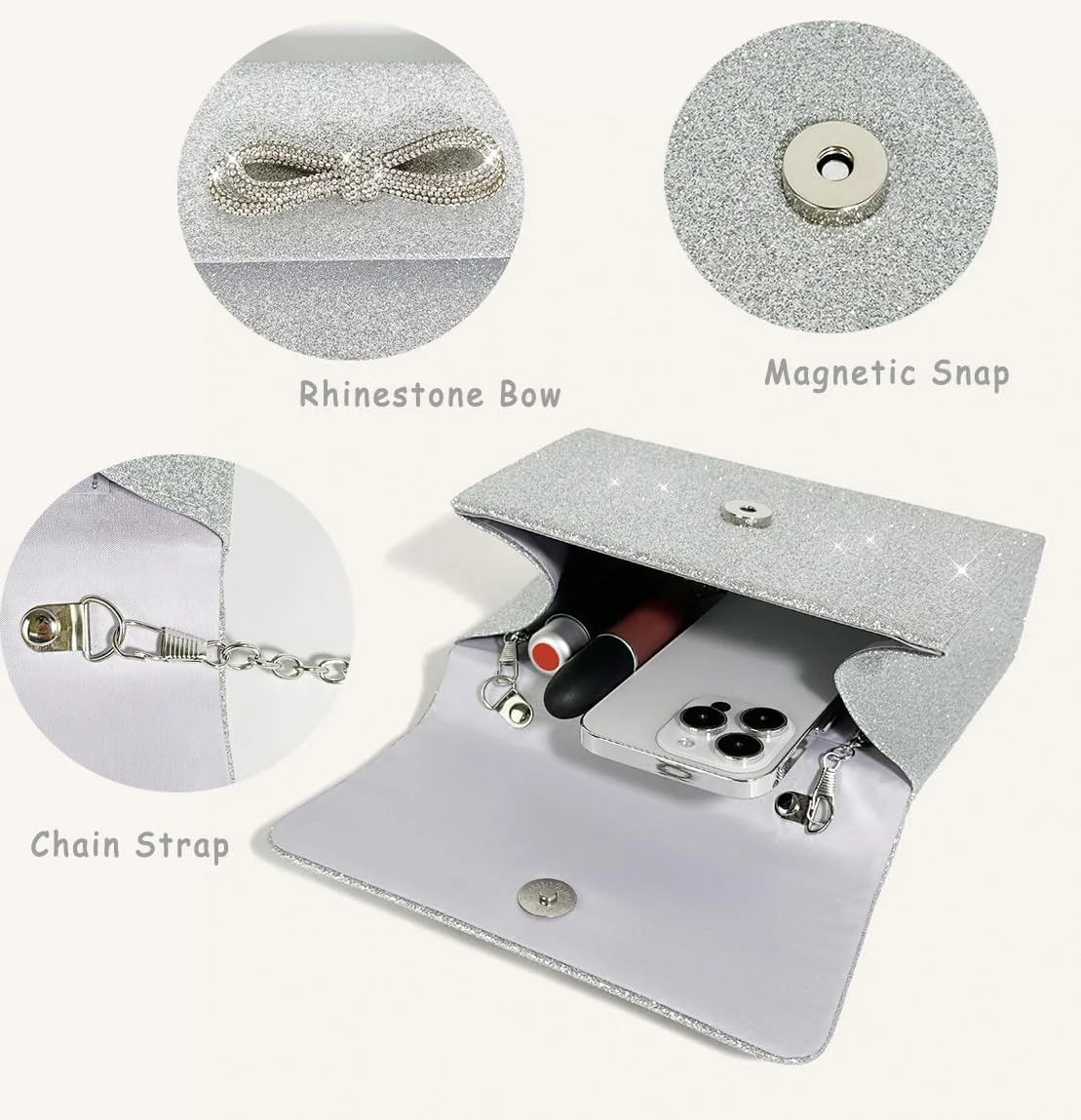 کیف مجلسی زنانه با پاپیون درخشان، کیف دستی عروسی، کیف پول مهمانی، کیف دستی کوکتل و جشن رقص نگین دار