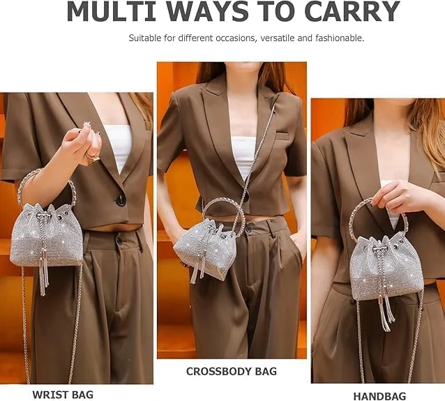 کیف دستی زنانه نگین دار - کیف کلاچ نقره ای الماس درخشان با زنجیر قابل تنظیم، کیف مجلسی شیک برای کلوپ، مهمانی، جشن (17x11x15 سانتی متر)