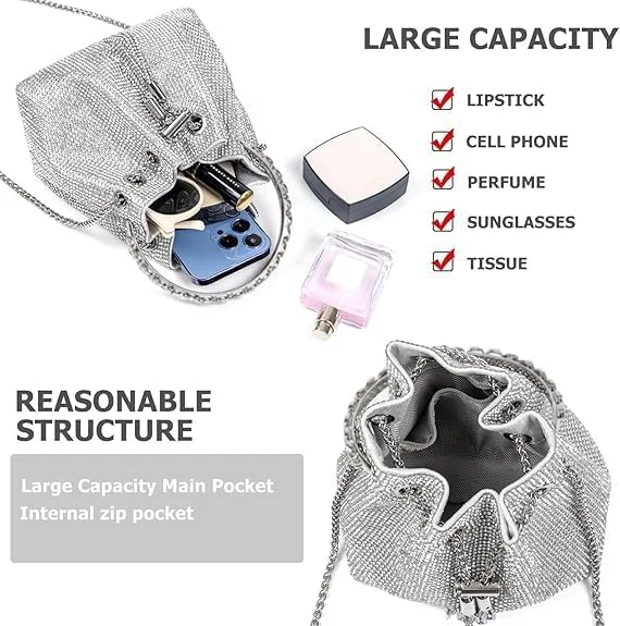 کیف دستی زنانه نگین دار - کیف کلاچ نقره ای الماس درخشان با زنجیر قابل تنظیم، کیف مجلسی شیک برای کلوپ، مهمانی، جشن (17x11x15 سانتی متر)