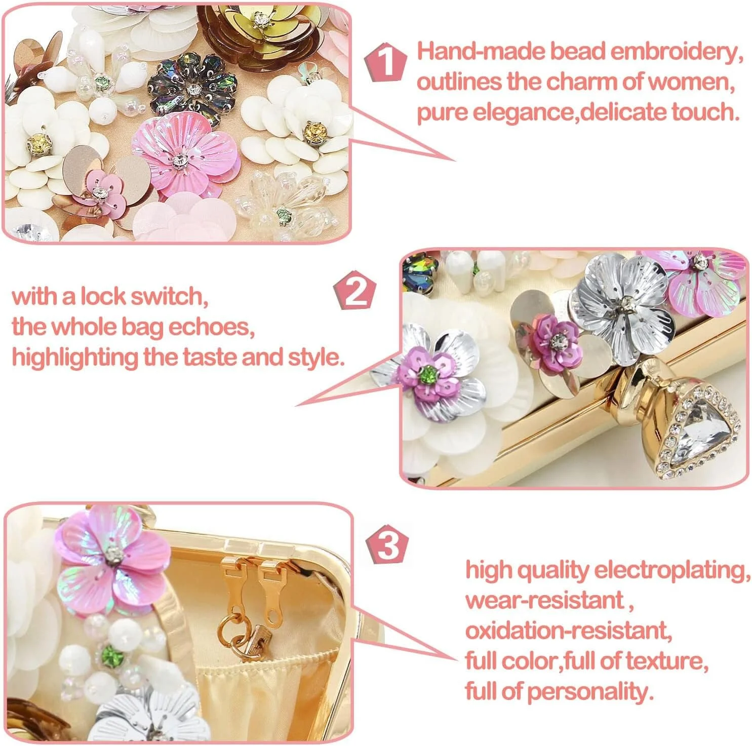 کیف دستی مجلسی زنانه TERRIFI با طرح گل، کیف دوشی زنجیردار، کیف عروسی، کیف پول مناسب مهمانی و جشن