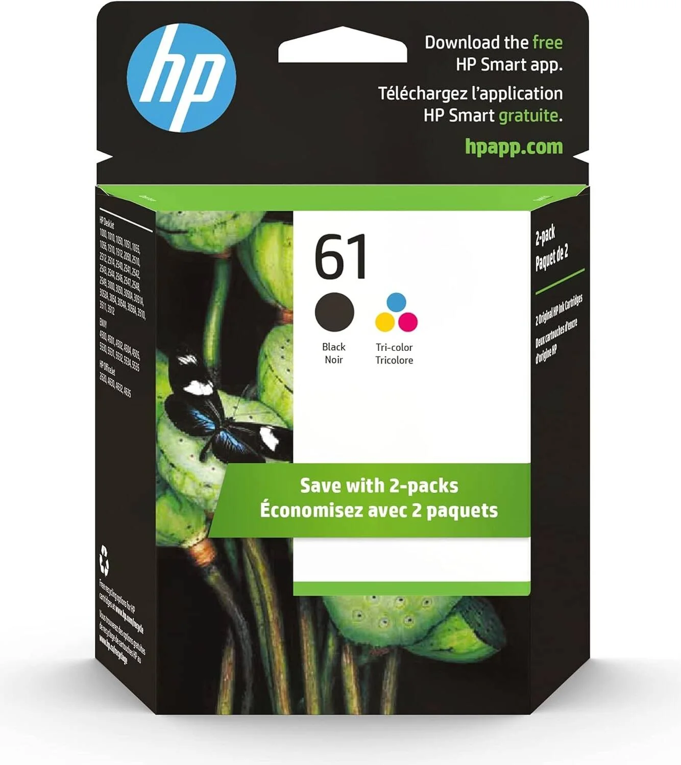 جوهر مشکی/سه رنگ اصلی اچ پی 61 (بسته 2 عددی) سازگار با DeskJet 1000, 1010, 1050, 1510, 2050, 2510, 2540, 3000, 3050, 3510 ENVY 4500, 5530 OfficeJet 2620, 4630 قابل استفاده در طرح جوهر فوری CR259FN