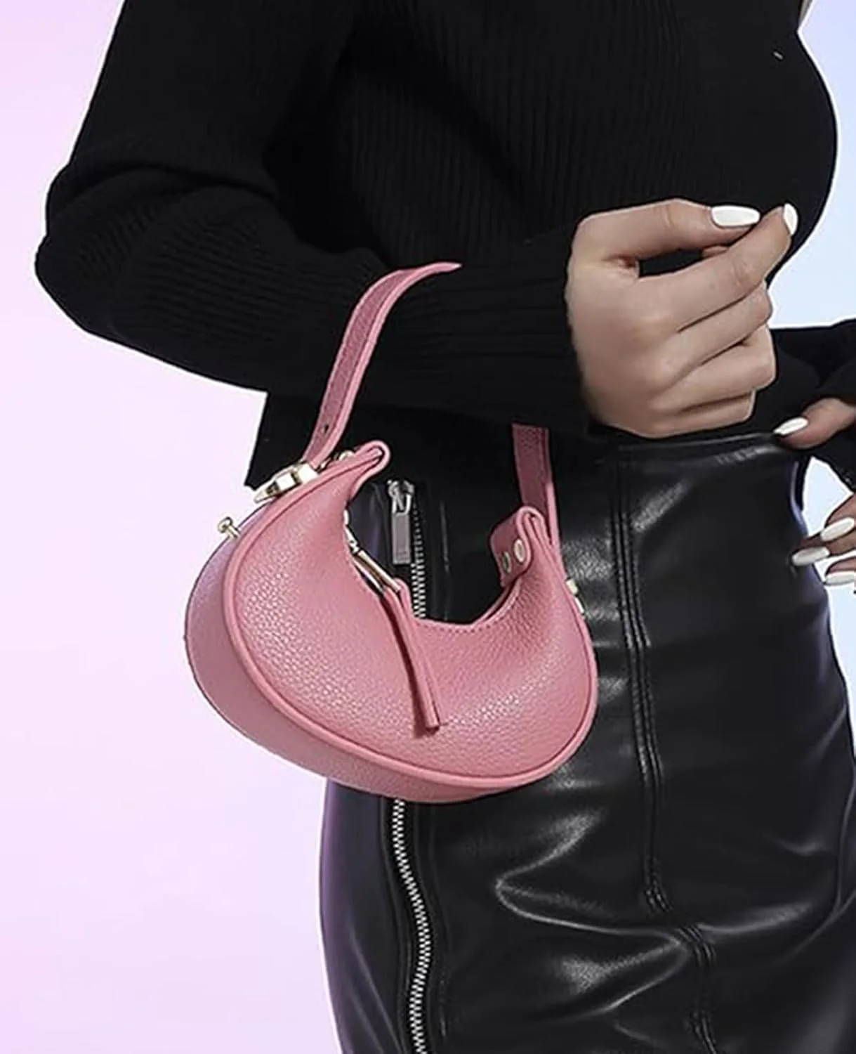 کیف هلالی تزویق زنانه، کیف کلاچ نیمه ماه، کیف دستی کوچک چرم مصنوعی با بست زیپی (صورتی)