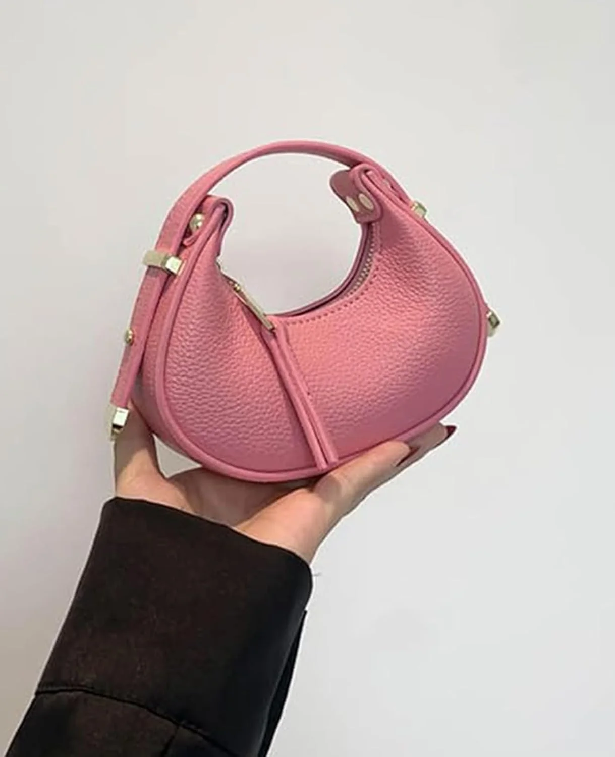 کیف هلالی تزویق زنانه، کیف کلاچ نیمه ماه، کیف دستی کوچک چرم مصنوعی با بست زیپی (صورتی)