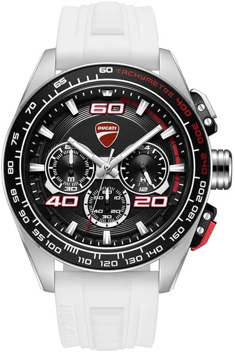 ساعت مچی کرنوگراف مردانه دوکاتی مدل DT011 با صفحه مشکی و بند سیلیکونی سفید - 44 میلی‌متر