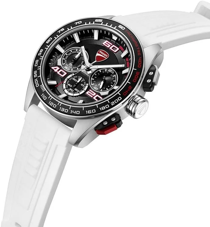 ساعت مچی کرنوگراف مردانه دوکاتی مدل DT011 با صفحه مشکی و بند سیلیکونی سفید - 44 میلیمتر ساعت مچی کرنوگراف مردانه دوکاتی مدل DT011 با صفحه مشکی و بند سیلیکونی سفید - 44 میلیمتر