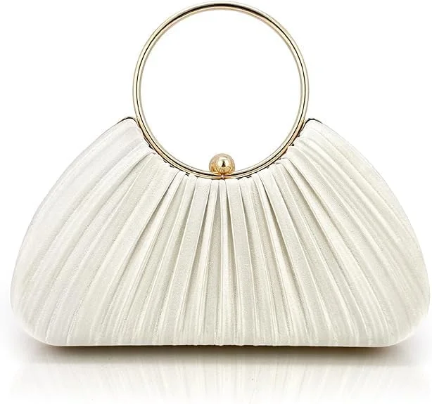 کیف دستی کلاچ پلیسه شیک و ظریف با دسته حلقه طلایی | کیف مجلسی زنانه برای عروسی، جشن، مهمانی | کیف مچی سفید شیری با فضای داخلی جادار