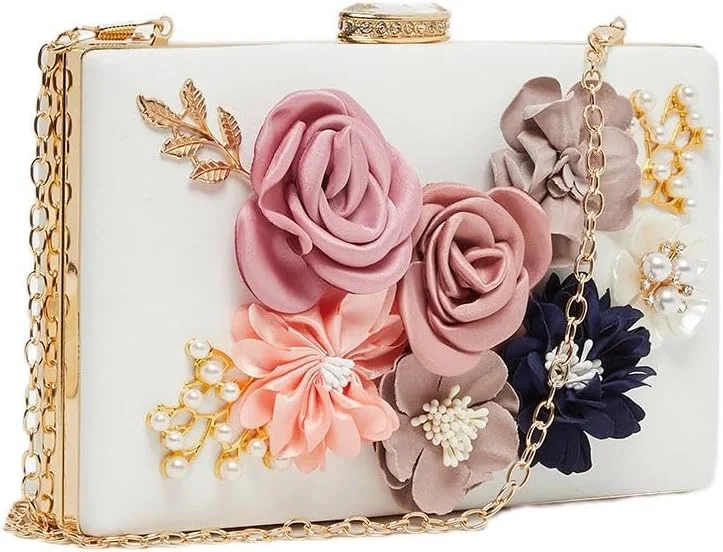 کیف دستی زنانه استایلی با تزیین گل و بند زنجیری، سایز واحد، کرم