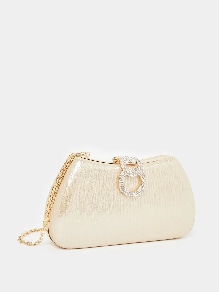 کیف کلاچ زنانه استایلی با تزیین قفل و بند زنجیری، سایز واحد، طلایی کیف کلاچ زنانه استایلی با تزیین قفل و بند زنجیری، سایز واحد، طلایی