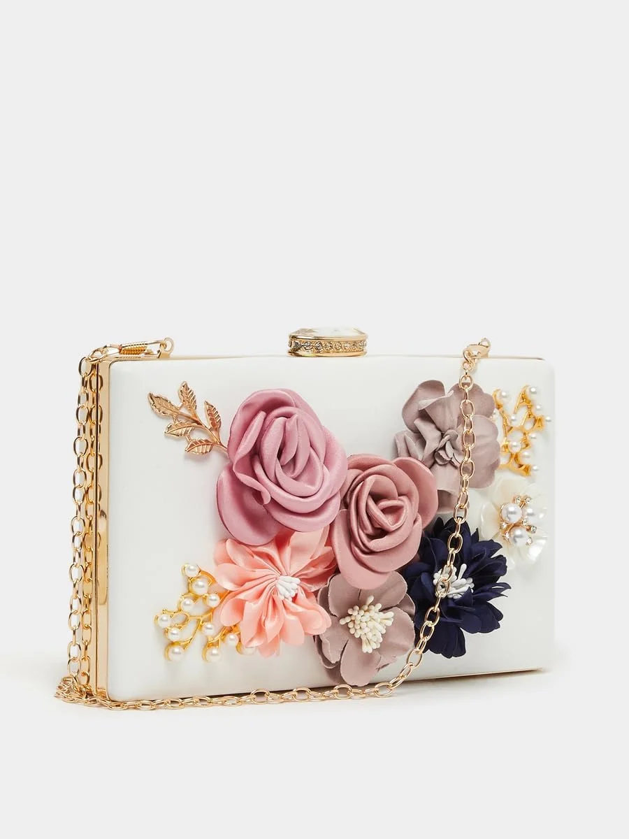 کیف دستی زنانه استایلی با تزیین گل و بند زنجیری، سایز واحد، کرم