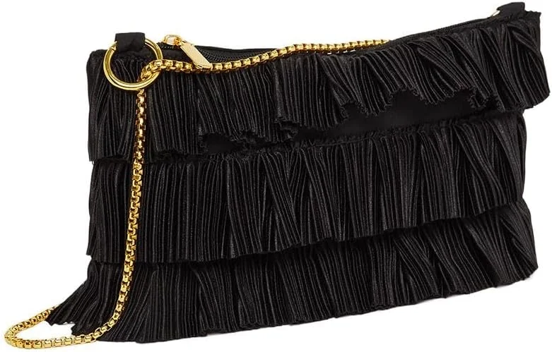 کیف کلاچ زنانه استایلی با جزئیات لایه ای بافت دار و زنجیر، سایز واحد، مشکی