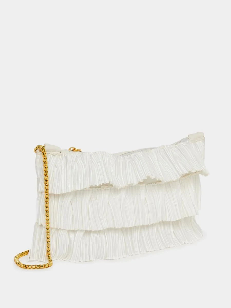 کیف کلاچ زنانه استایلی با جزئیات لایه ای بافت دار و زنجیر، سایز واحد، سفید