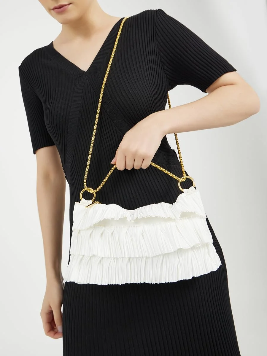 کیف کلاچ زنانه استایلی با جزئیات لایه ای بافت دار و زنجیر، سایز واحد، سفید