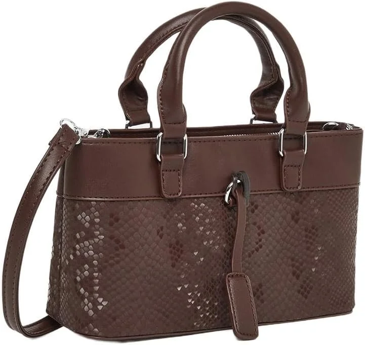 کیف دستی زنانه استایلی با طرح پوست ماری و دسته دوتایی - قهوه ای