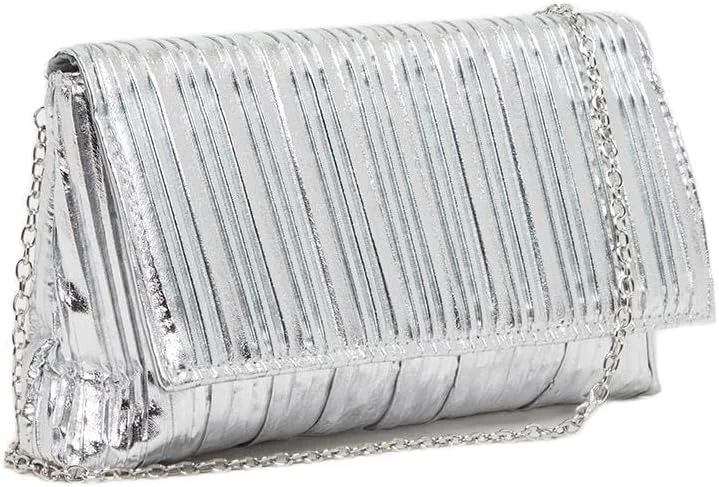 کیف کلاچ زنانه استایلی با طرح پلیسه متالیک و بند زنجیری - نقره ای