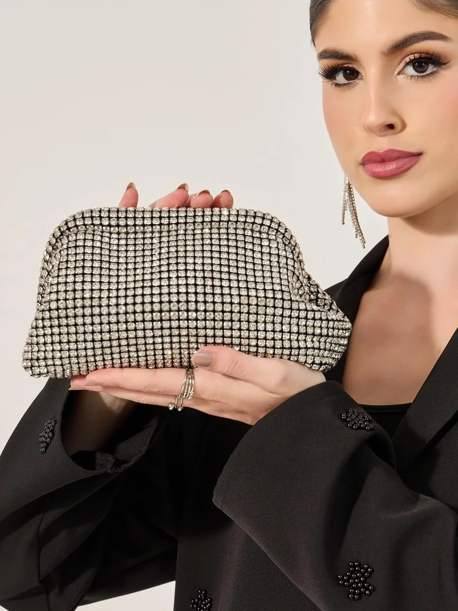 کیف دستی زنانه نگین‌دار استایلی با بند زنجیری، سایز واحد، مشکی