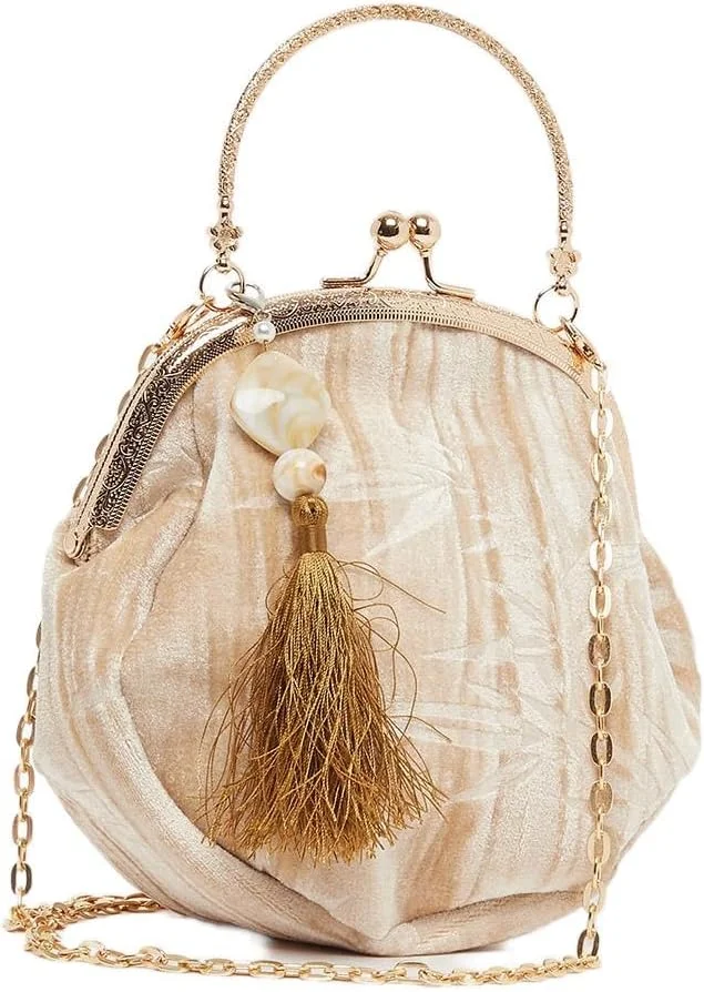 کیف کلاچ منگوله دار زنانه استایلی مدل 7012609702 با بند زنجیری، سایز واحد، بژ