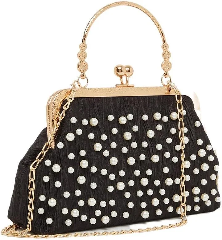 کیف دستی زنانه استایلی مدل 7012610201 مشکی با تزیین مروارید، سایز آزاد، مشکی