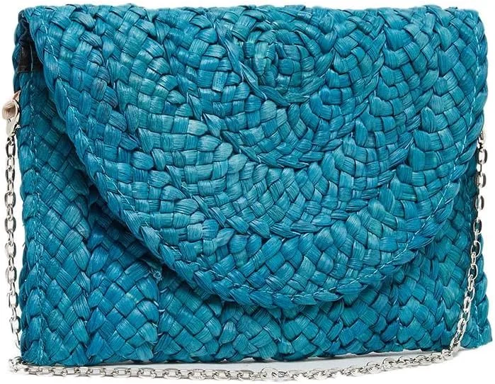 کیف کلاچ حصیری زنانه استایلی مدل 7010678503 با طرح بافت و بند زنجیری، سایز آزاد، آبی