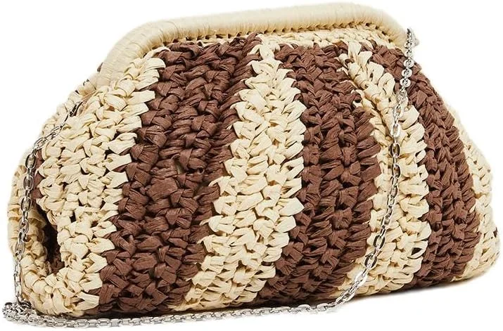 کیف کلاچ حصیری زنانه استایلی مدل 7010678205 با طرح بافت و بند زنجیری، سایز آزاد، قهوه ای