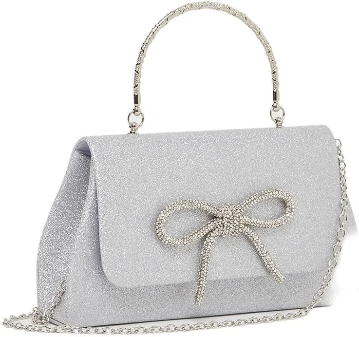 کیف دستی زنانه استایلی مدل 7012601336 با تزیینات روبان متالیک و بند زنجیری جداشدنی، سایز One Size، نقره ای