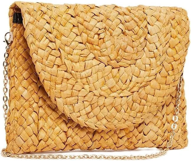 کیف کلاچ حصیری زنانه استایلی مدل 7010678502 با طرح بافت و بند زنجیری، سایز واحد، بژ