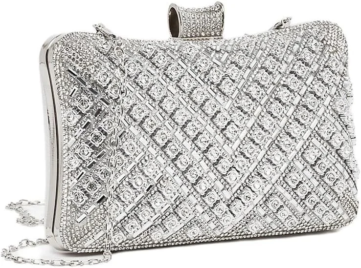 کیف دستی زنانه استایلی بافت دار و تزئین شده با بند زنجیری نقره ای، سایز واحد