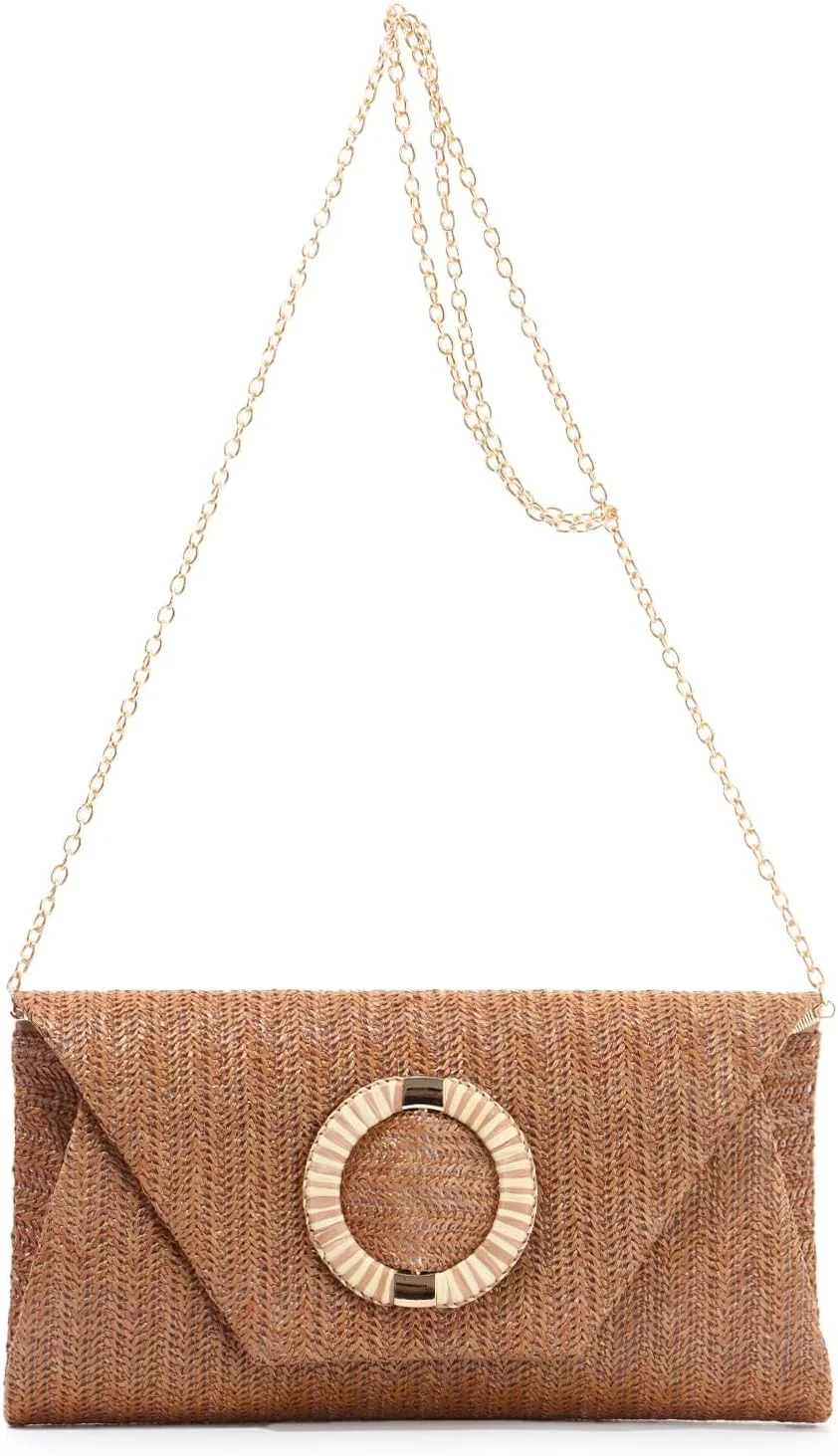 کیف کلاچ حصیری زنانه - کیف دستی بافتنی ساحلی بوهو تابستانی با زنجیر جداشدنی، کیف مجلسی چندمنظوره برای عروسی، شام، جشن و مهمانی (قهوه ای)