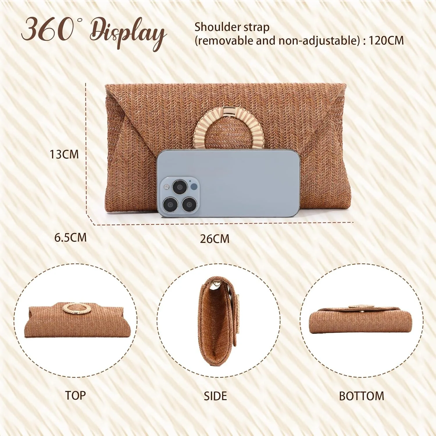کیف کلاچ حصیری زنانه - کیف دستی بافتنی ساحلی بوهو تابستانی با زنجیر جداشدنی، کیف مجلسی چندمنظوره برای عروسی، شام، جشن و مهمانی (قهوه ای)