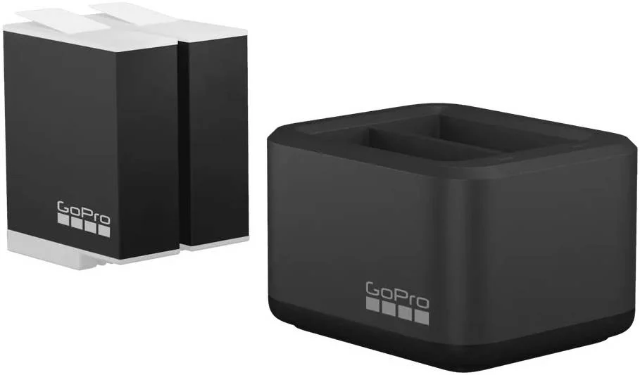 شارژر دوگانه باتری GoPro + باتری های Enduro، ظرفیت 1720mAh، با نشانگرهای LED، پورت ورودی USB، برای HERO9 / HERO10 / HERO11 / HERO12، بسته 2 عددی، مشکی | ADDBD-211-AS