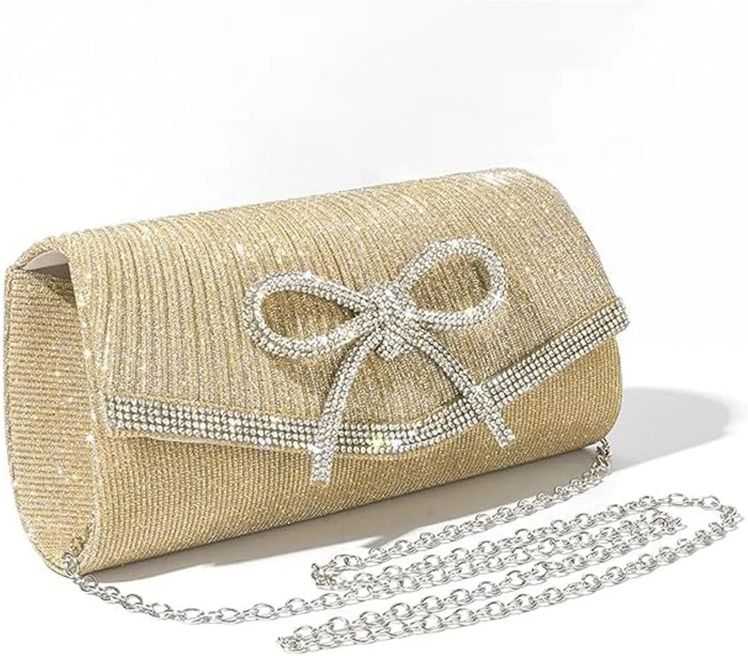 کیف دستی مجلسی زنانه نگین دار - کیف شب براق پاپیونی شیک با زنجیر، کیف دستی عروسی و مهمانی، کیف کوچک مجلسی، کیف دستی شب زنانه، فقط یک زنجیر
