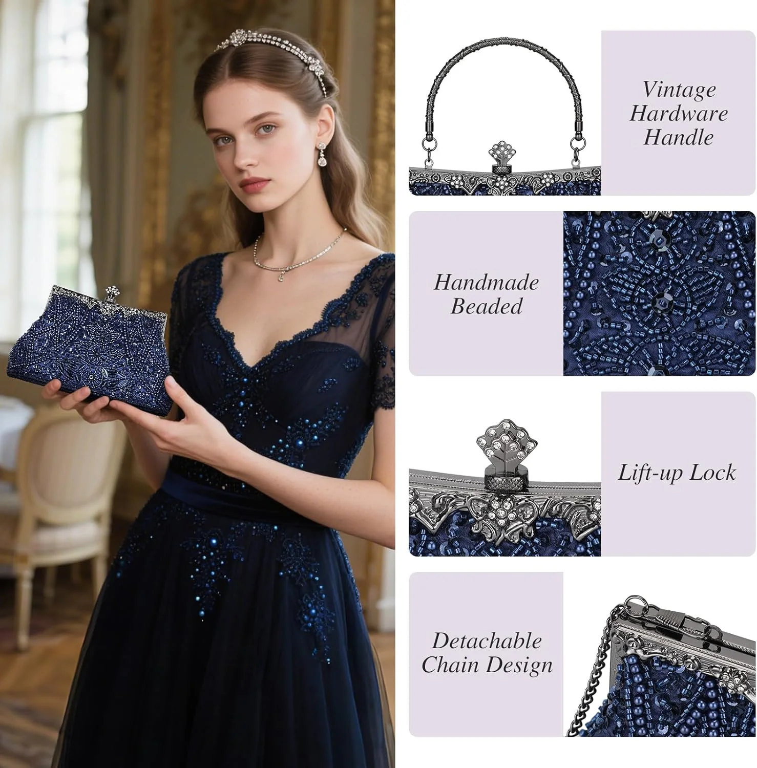 کیف دستی مجلسی زنانه مدل Selighting با طراحی قدیمی و منجوق دوزی شده مناسب عروسی، مهمانی و کوکتل