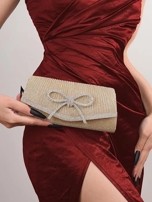 کیف دستی مجلسی زنانه نگین دار - کیف شب براق پاپیونی شیک با زنجیر، کیف دستی عروسی و مهمانی، کیف کوچک مجلسی، کیف دستی شب زنانه، فقط یک زنجیر