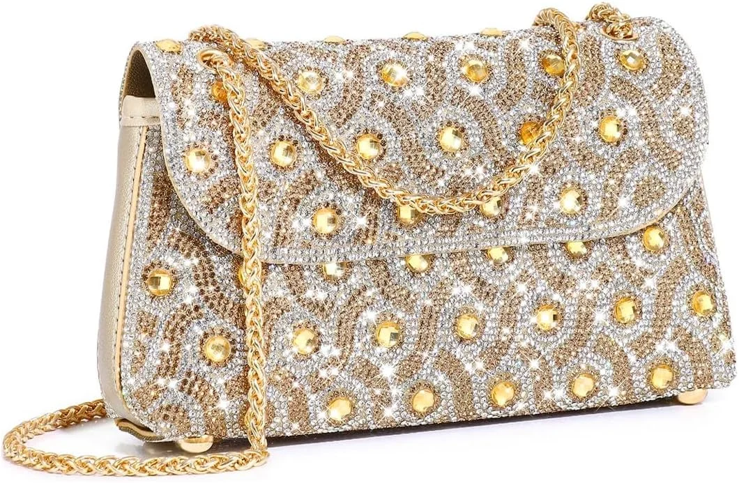کیف دوشی، کیف دستی، کیف مجلسی زنانه با تزیینات کریستال و سنگ‌دوز، کیف کلاچ زنجیردار