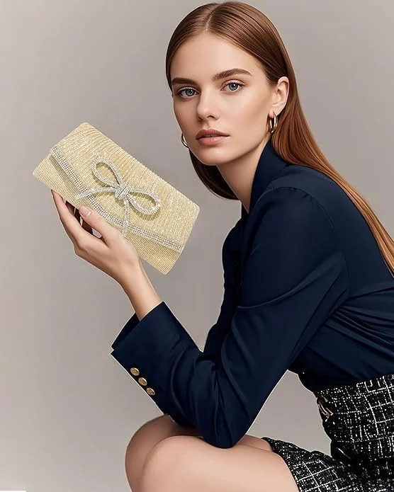 کیف دستی مجلسی زنانه نگین دار - کیف شب براق پاپیونی شیک با زنجیر، کیف دستی عروسی و مهمانی، کیف کوچک مجلسی، کیف دستی شب زنانه، فقط یک زنجیر